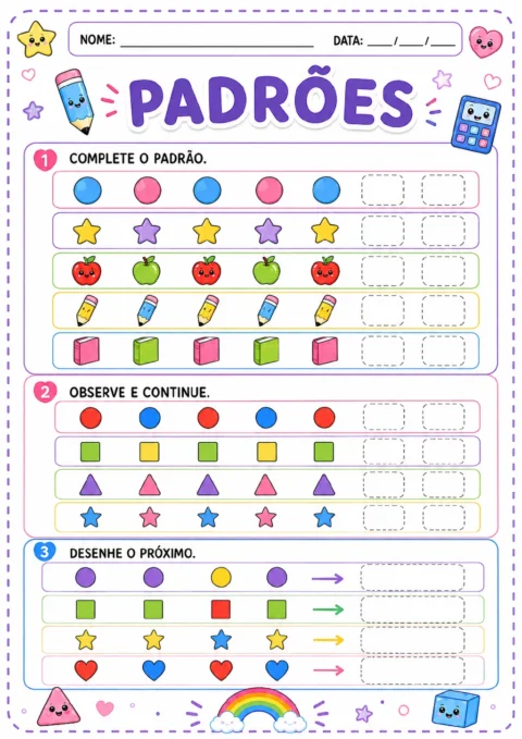 Sequências de bolas, estrelas, maçãs, lápis, blocos, círculos, quadrados, triângulos e corações.