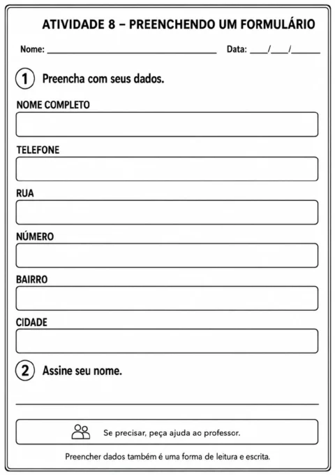 Formulário com campos para nome completo, telefone, rua, número, bairro, cidade e assinatura.