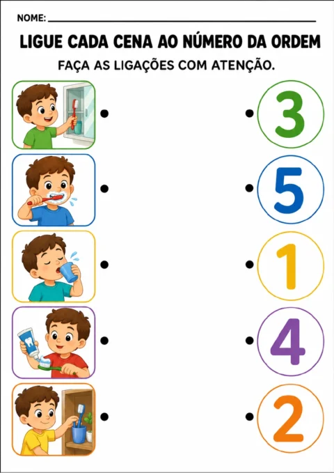 Cinco quadros coloridos com cenas de um menino pegando a escova, colocando pasta, escovando os dentes.