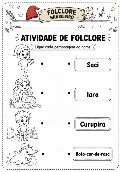 Quatro personagens do folclore — Saci, Iara, Curupira e Boto-cor-de-rosa — à esquerda.