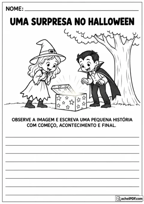 Bruxa e vampiro diante de uma caixa aberta com estrelas, ao lado de uma árvore, com linhas para escrever uma narrativa.