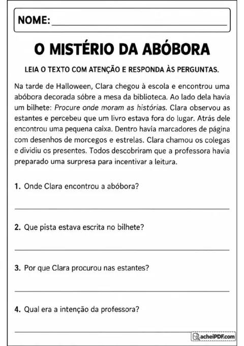 Texto sobre Clara, uma abóbora decorada e um bilhete na biblioteca, seguido de quatro perguntas com linhas para resposta.