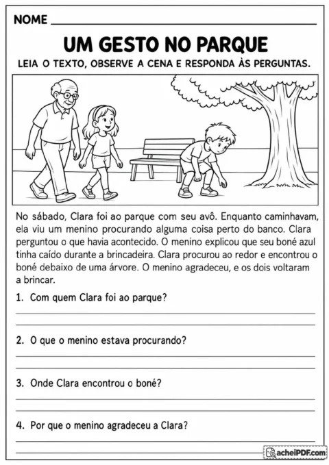 Ilustração em preto e branco de Clara, seu avô e um menino em um parque com banco e árvore; o menino procura um boné azul.
