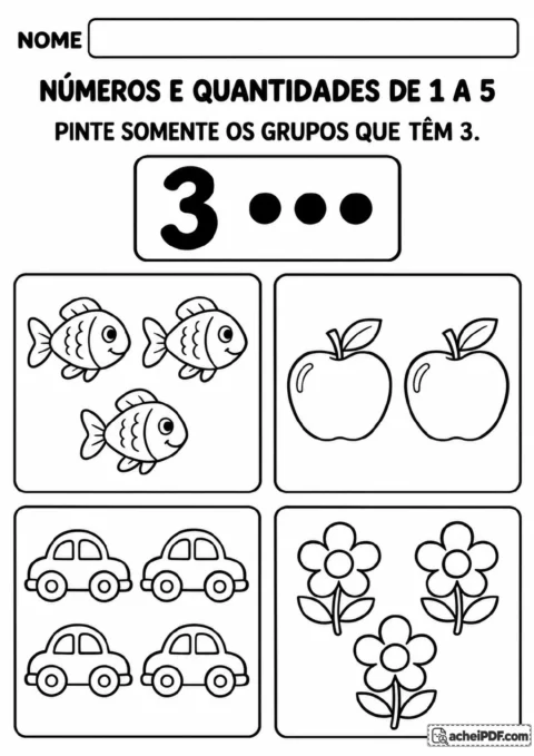 Quatro quadros de figuras: três peixes, duas maçãs, quatro carros e três flores. A instrução pede para pintar apenas os.
