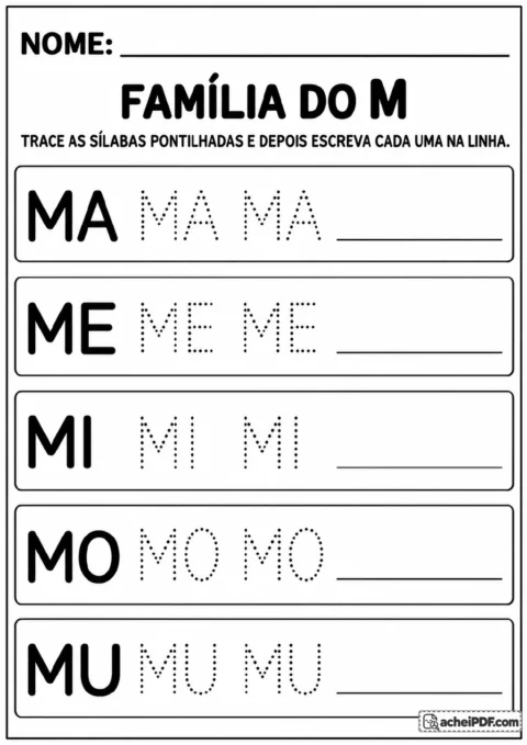 Cinco quadros com MA, ME, MI, MO e MU em letras grandes, dois modelos pontilhados de cada sílaba e linhas para escrita.