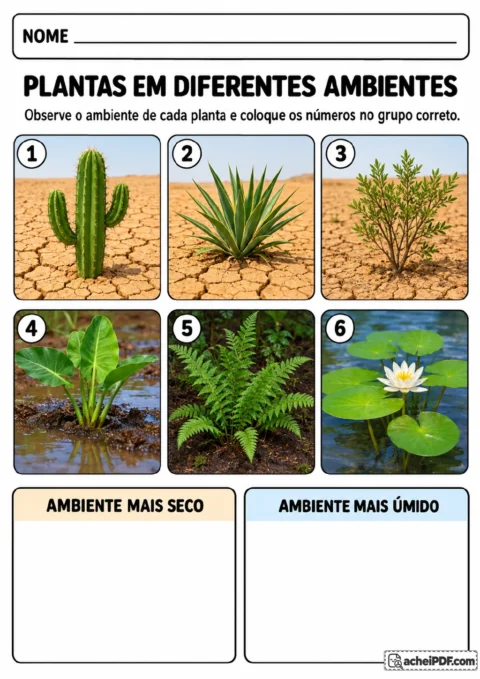 Seis fotografias numeradas de plantas e dois quadros de classificação com os títulos “Ambiente mais seco”.