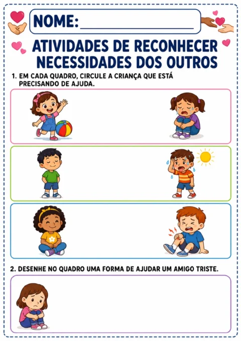 Três pares de crianças mostram situações de choro, calor e joelho machucado para circular quem precisa de ajuda.