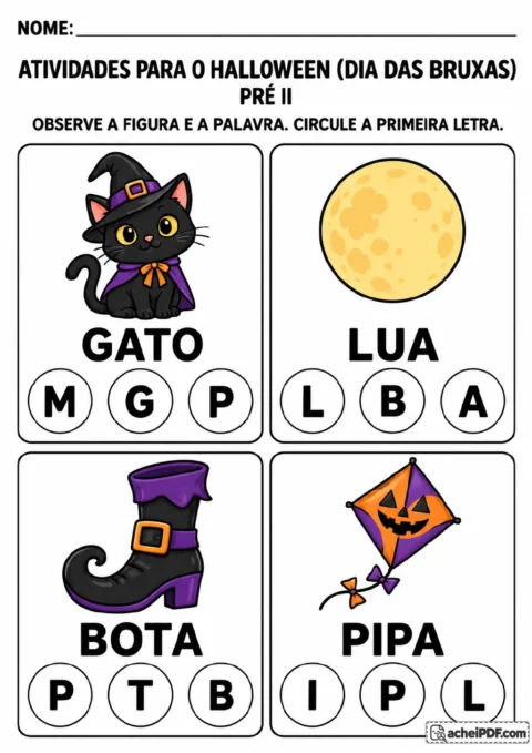 Quatro cartões com as palavras GATO, LUA, BOTA e PIPA, ilustradas por gato com fantasia de bruxa, lua.