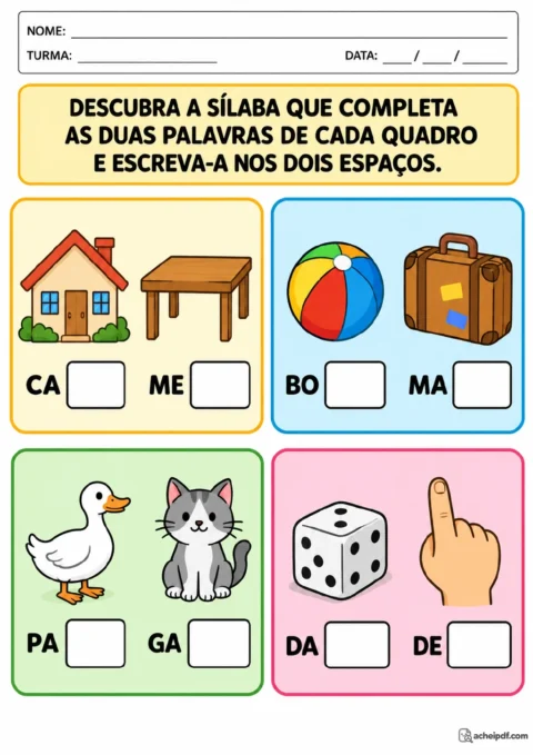 Quatro quadros coloridos com pares de desenhos e palavras incompletas: casa e mesa, bola e mala, pato e gato, dado e dedo.