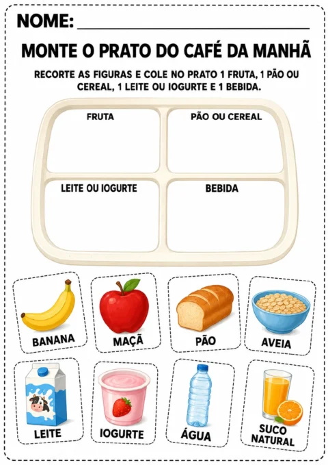 Bandeja de café da manhã com quatro compartimentos identificados como fruta, pão ou cereal, leite ou iogurte e bebida.