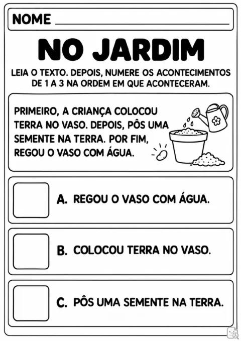 Três ações de plantio identificadas por A, B e C, com caixas para numerar: colocar terra no vaso.