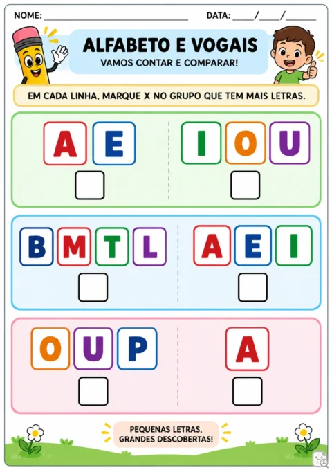 Três comparações entre grupos de letras em cartões coloridos, cada uma com caixas para marcar X.
