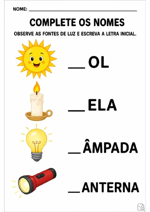 Ilustrações de sol, vela, lâmpada e lanterna acompanham as palavras incompletas _OL, _ELA, _ÂMPADA e _ANTERNA.