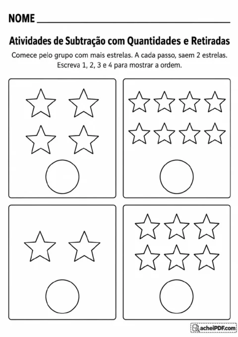 Quatro quadros apresentam grupos de 2, 4, 6 e 8 estrelas, cada um com um círculo de resposta para registrar a ordem.