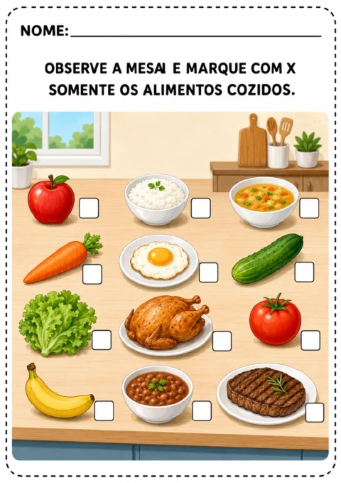 Mesa em um cenário de cozinha com 12 alimentos e caixas de marcação, incluindo maçã, arroz, sopa, cenoura, ovo frito.