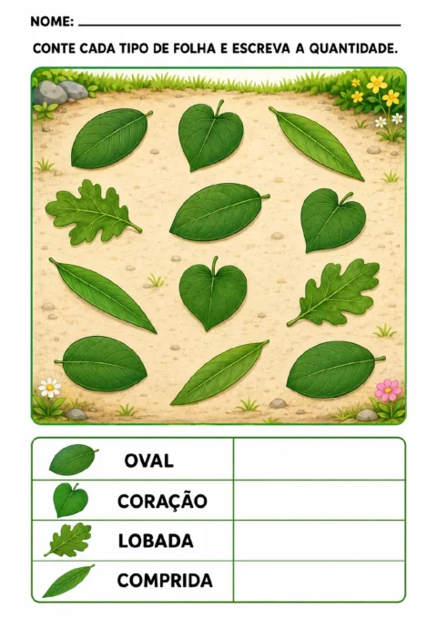 Jardim colorido com doze folhas e uma tabela para registrar as quantidades de folhas ovais, em coração, lobadas e compridas.