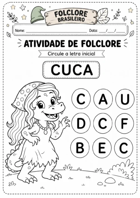 Personagem Cuca ao lado da palavra CUCA e de nove letras em círculos, entre elas três opções com a letra C.