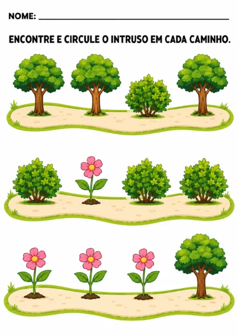 Três caminhos com sequências de plantas: um arbusto entre árvores, uma flor entre arbustos e uma árvore entre flores rosas.