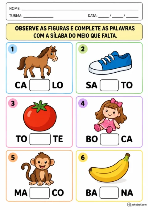Seis quadros coloridos e numerados com desenhos e palavras de três sílabas incompletas, incluindo cavalo, sapato, tomate.