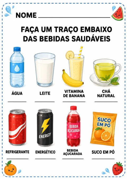 Nomes e ilustrações de oito bebidas em duas fileiras, cada um com uma linha abaixo: água, leite, vitamina de banana.