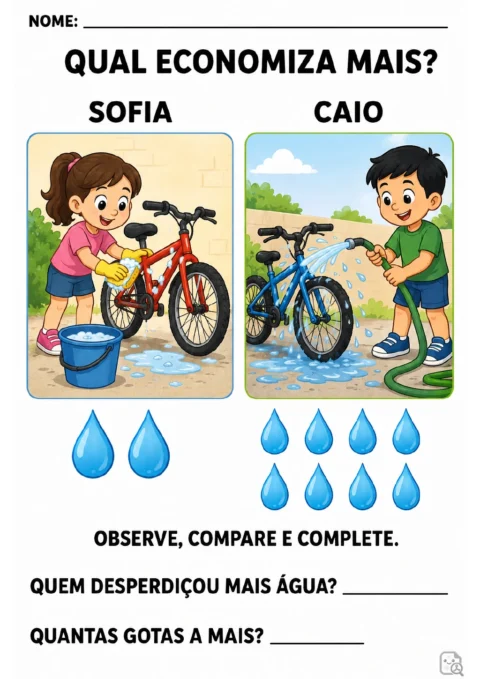 Duas cenas de crianças lavando bicicletas: Sofia usa um balde e tem duas gotas representadas.