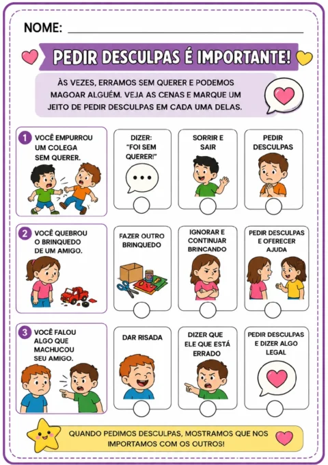 Três situações numeradas mostram um empurrão entre colegas, um caminhão de brinquedo quebrado e uma criança magoada.