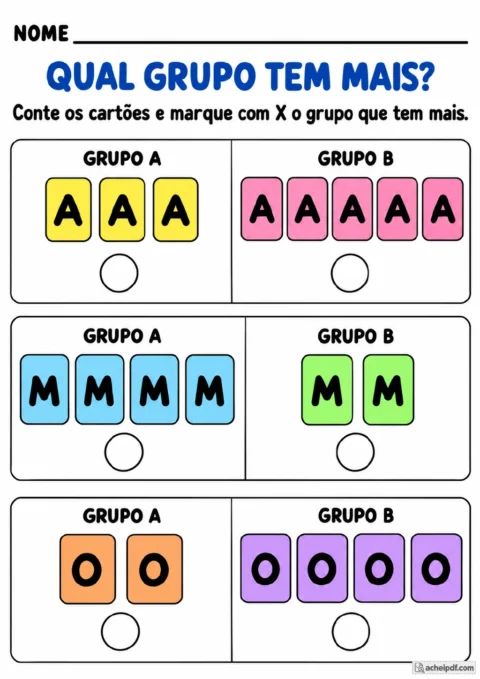 Três pares de grupos A e B com cartões das letras A, M e O e círculos para marcar o grupo com mais cartões.