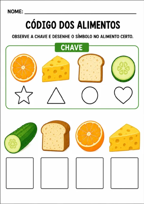 Chave visual que associa laranja à estrela, queijo ao triângulo, pão ao círculo e pepino ao coração.