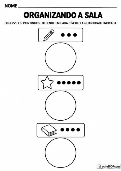 Lápis com três pontos, estrela com cinco pontos e livro com quatro pontos ao lado de três círculos vazios para desenhar as.