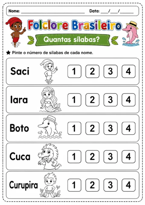 Linhas com os nomes Saci, Iara, Boto, Cuca e Curupira e opções numéricas de 1 a 4 para indicar a quantidade de sílabas.
