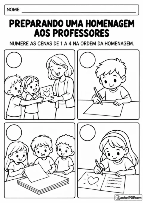 Quatro quadrinhos em preto e branco para ordenar: crianças desenham, escrevem um cartão.