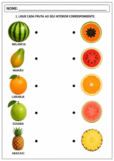 Melancia, mamão, laranja, goiaba e abacaxi inteiros em uma coluna, com pontos para traçar ligações até as imagens.