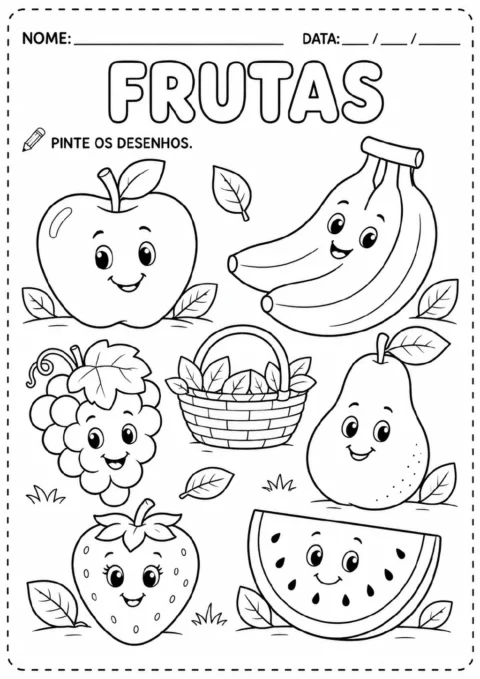 Desenho para colorir com maçã, bananas, uvas, pera, morango e uma fatia de melancia ao redor de uma cesta com folhas.