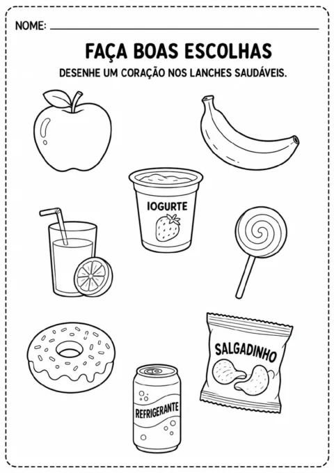 Oito alimentos e bebidas ilustrados, incluindo maçã, banana, iogurte, suco, pirulito, rosquinha, refrigerante e salgadinho.
