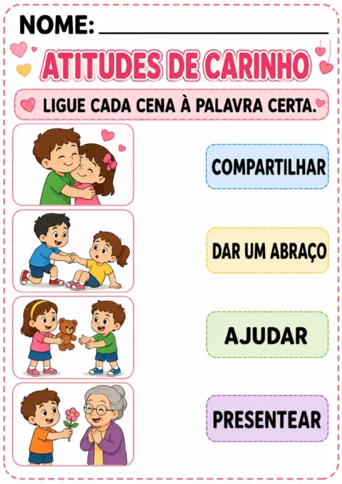 Quatro cenas de carinho ao lado de cartões com as palavras compartilhar, dar um abraço, ajudar e presentear.