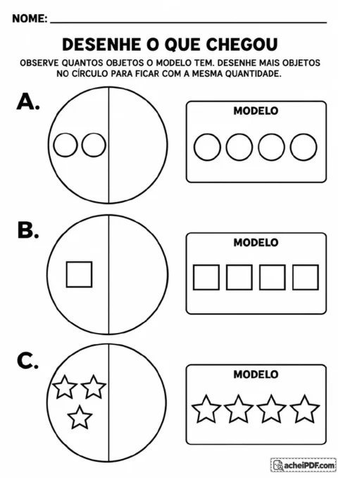 Três círculos grandes divididos verticalmente, identificados como A, B e C, apresentam modelos com quatro círculos.