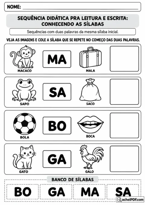 Quatro pares de imagens representam macaco e mala, sapo e saco, bola e boca, gato e galo, com um banco das sílabas MA, SA.