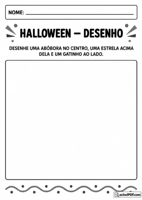 Folha de desenho com instruções para criar uma abóbora no centro, uma estrela acima da abóbora e um gatinho ao lado.