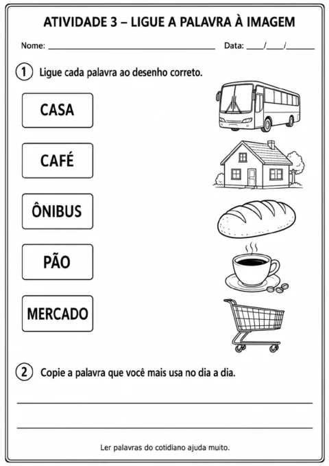 Palavras casa, café, ônibus, pão e mercado de um lado e desenhos de casa, xícara de café, ônibus.