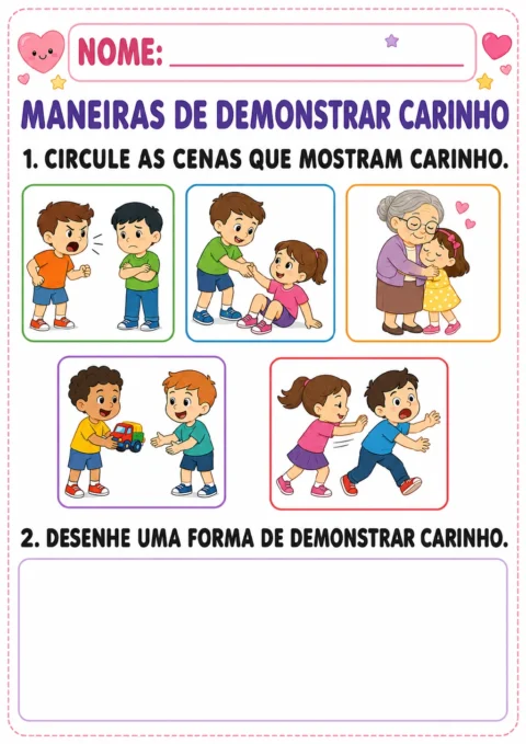 Cinco cenas infantis mostram ajuda, abraço, compartilhamento de um brinquedo, briga e empurrão.