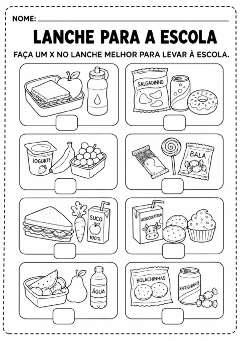 Oito conjuntos de alimentos e bebidas em quatro pares de quadros arredondados, com campos para marcar X.