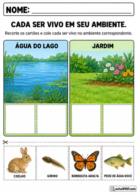 Cenários de água do lago e jardim com espaços tracejados para colagem, além de cartões de coelho, girino.