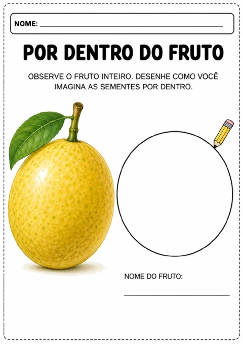 Fruto amarelo inteiro com folha e cabo, círculo grande vazio para desenhar o interior.