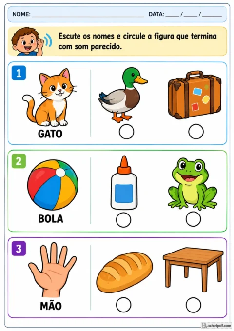 Três itens de rimas com gato, bola e mão como palavras de referência, cada um com duas figuras.
