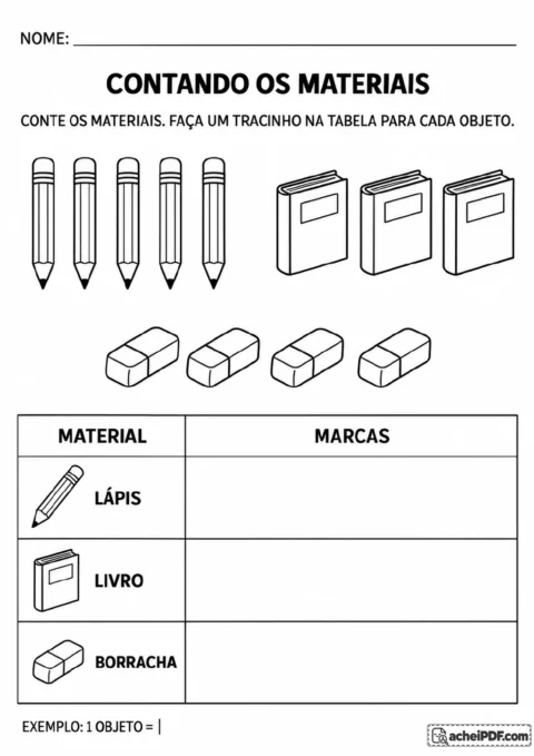 Lápis, livros e borrachas ao lado de uma tabela com as colunas Material e Marcas.