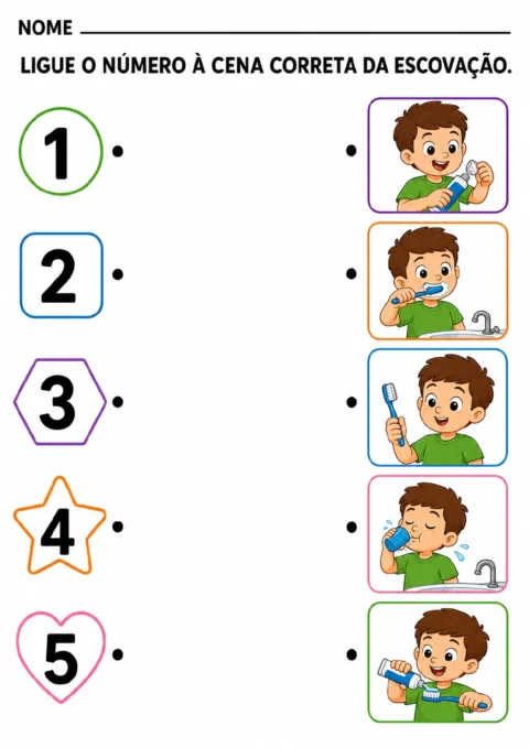 Números de 1 a 5 em círculo, quadrado, hexágono, estrela e coração à esquerda, ao lado de cinco cenas de escovação.