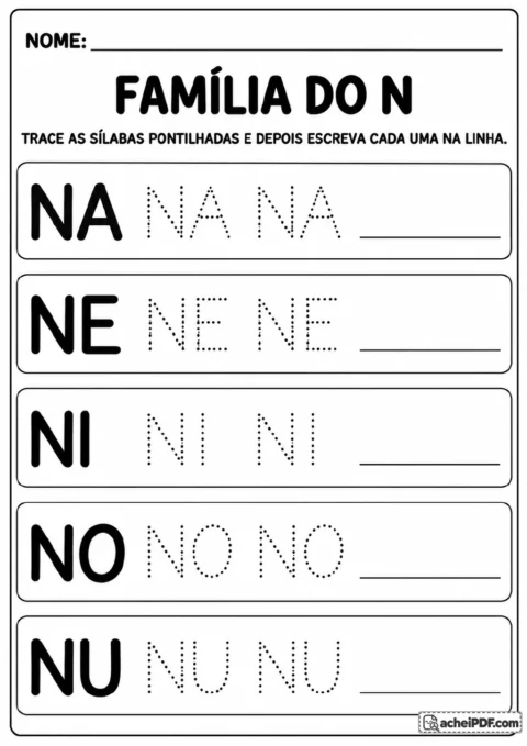 Página em preto e branco com NA, NE, NI, NO e NU em quadros arredondados, letras pontilhadas e linhas de escrita.