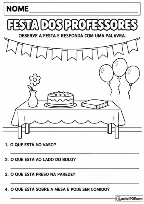 Ilustração em preto e branco de uma festa dos professores com mesa, vaso de flor, bolo, livro.