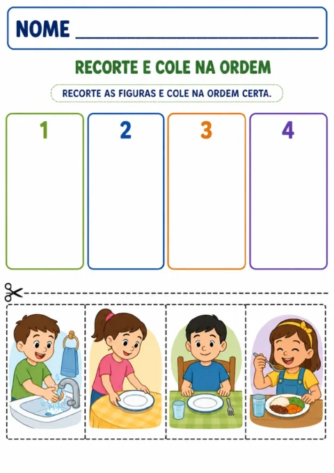 Quatro espaços numerados de 1 a 4 e quatro cartões destacáveis, delimitados por linhas tracejadas, mostram lavar as mãos.